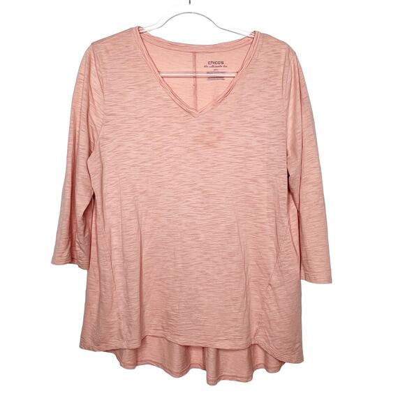 CHICO'S The Ultimate Tee V-Neck 3/4 Sleeve Hi Low Relaxed Fit Cotton Pink Size L - Picture 1 of 7